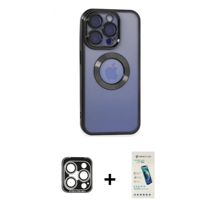 MARSİLYAN™- iPhone 15 Pro Max Kılıf Pusula Form - Şeffaf Pasifik Cam Ekran Koruyucu + PVD Metal Kamera Lens - GS