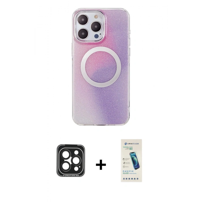 MARSİLYAN™- iPhone 15 Pro Max Kılıf Pusula Form - Şeffaf Pasifik Cam Ekran Koruyucu + PVD Metal Kamera Lens - SH
