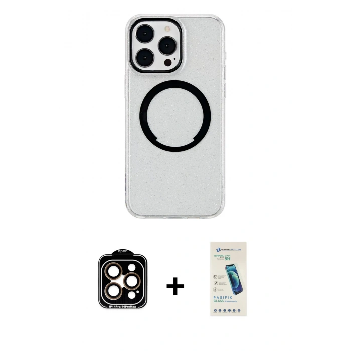 MARSİLYAN™- iPhone 15 Pro Max Kılıf Pusula Form - Şeffaf Pasifik Cam Ekran Koruyucu + PVD Metal Kamera Lens - TU