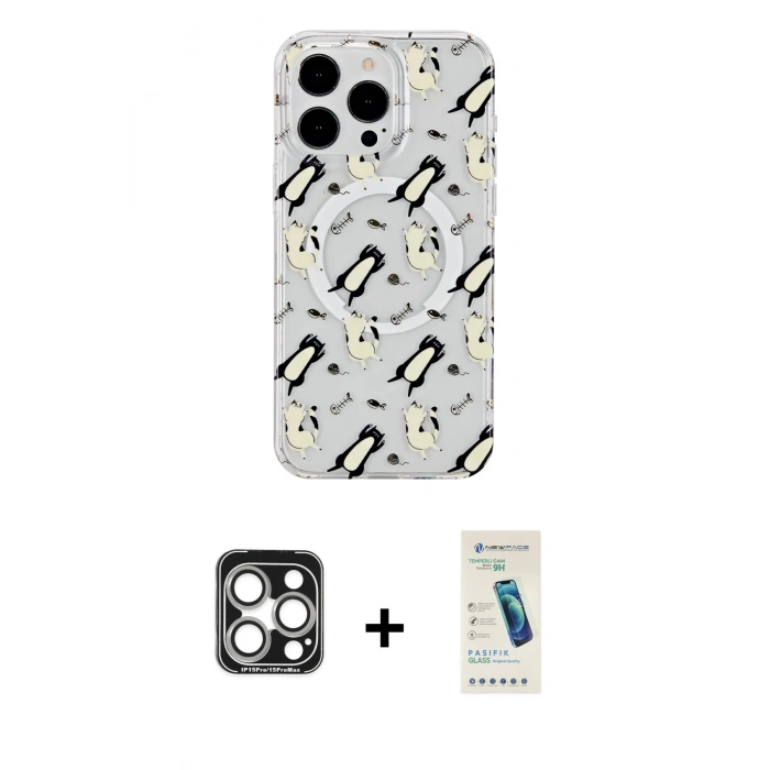 MARSİLYAN™- iPhone 15 Pro Max Kılıf Pusula Form - Şeffaf Pasifik Cam Ekran Koruyucu + PVD Metal Kamera Lens - GS