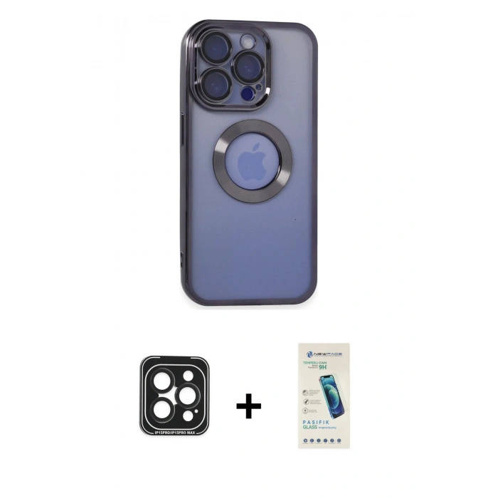 MARSİLYAN™- iPhone 15 Pro Max Kılıf Pusula Form - Şeffaf Pasifik Cam Ekran Koruyucu + PVD Metal Kamera Lens - SH