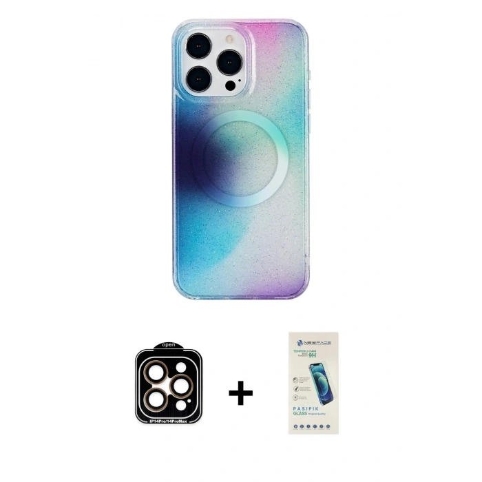 MARSİLYAN™- iPhone 15 Pro Max Kılıf Pusula Form - Şeffaf Pasifik Cam Ekran Koruyucu + PVD Metal Kamera Lens - TU