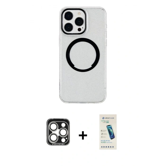 MARSİLYAN™- iPhone 15 Pro Max Kılıf Pusula Form - Şeffaf Pasifik Cam Ekran Koruyucu + PVD Metal Kamera Lens - GS