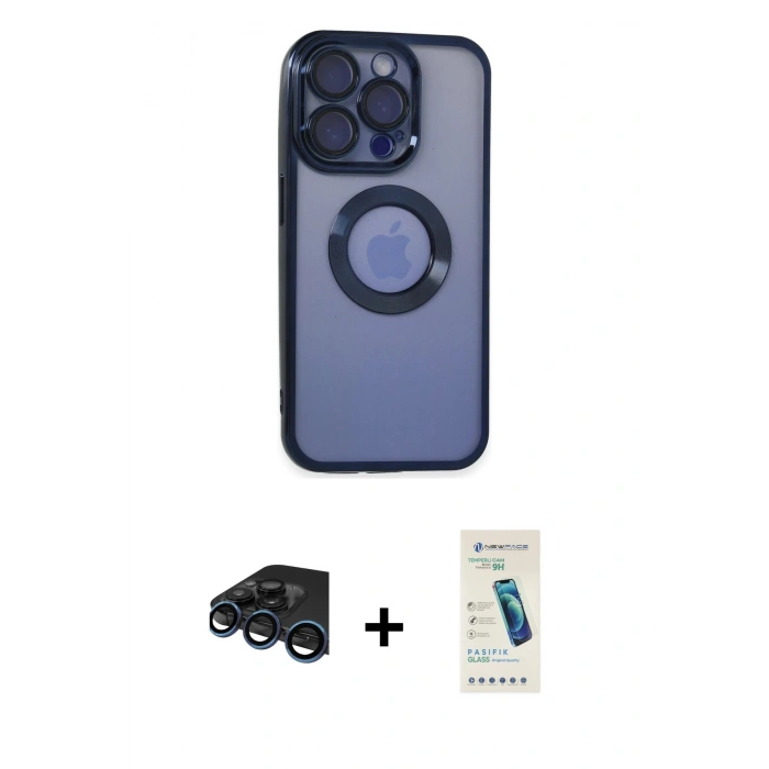 MARSİLYAN™- iPhone 15 Pro Max Kılıf Pusula Form - Şeffaf Pasifik Cam Ekran Koruyucu + Raze Metal Kamera Lens - LT