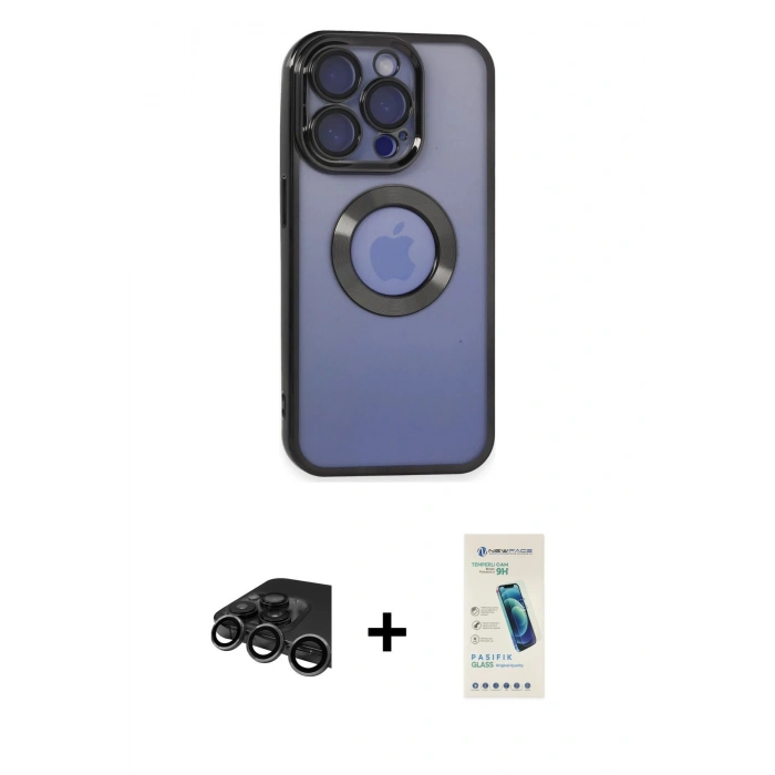 MARSİLYAN™- iPhone 15 Pro Max Kılıf Pusula Form - Şeffaf Pasifik Cam Ekran Koruyucu + Raze Metal Kamera Lens - TMGI
