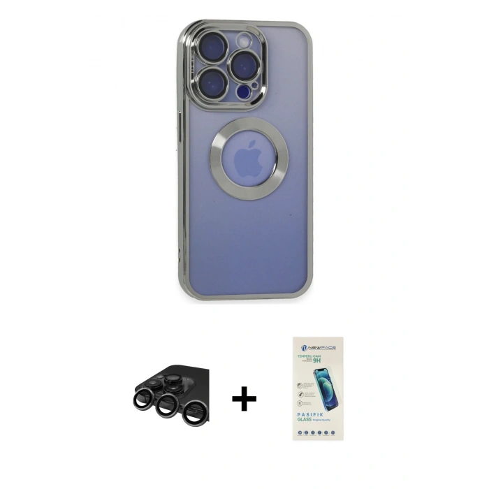 MARSİLYAN™- iPhone 15 Pro Max Kılıf Pusula Form - Şeffaf Pasifik Cam Ekran Koruyucu + Raze Metal Kamera Lens - TMGI