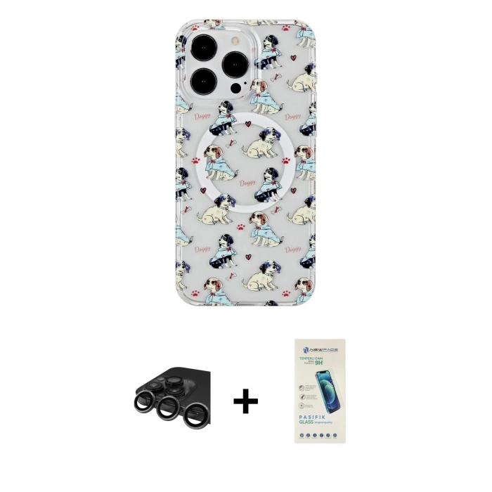 MARSİLYAN™- iPhone 15 Pro Max Kılıf Pusula Form - Şeffaf Pasifik Cam Ekran Koruyucu + Raze Metal Kamera Lens - TMGI