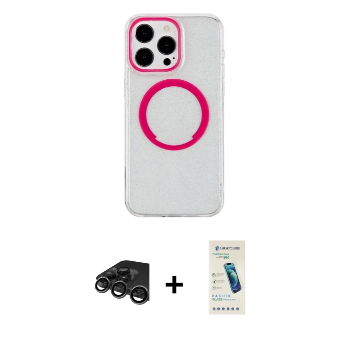 MARSİLYAN™- iPhone 15 Pro Max Kılıf Pusula Form - Şeffaf Pasifik Cam Ekran Koruyucu + Raze Metal Kamera Lens - TMGI