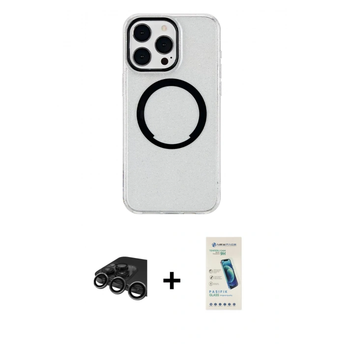 MARSİLYAN™- iPhone 15 Pro Max Kılıf Pusula Form - Şeffaf Pasifik Cam Ekran Koruyucu + Raze Metal Kamera Lens - TMGI