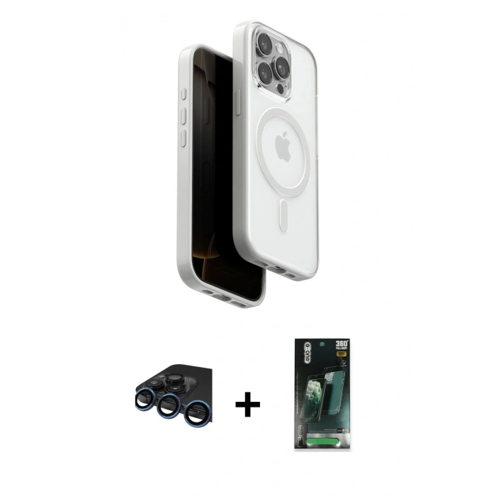 MARSİLYAN™- iPhone 15 Pro Max Kılıf Pusula Form Serisi - Şeffaf 360 Full Body Arka Koruyucu + Raze Metal Kamera Lens - LT