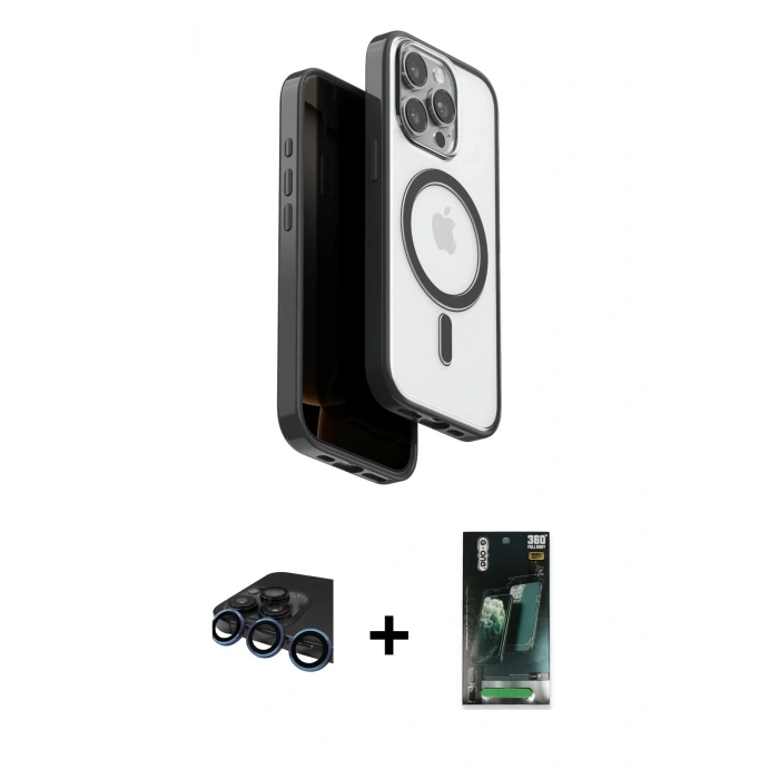 MARSİLYAN™- iPhone 15 Pro Max Kılıf Pusula Form Serisi - Şeffaf 360 Full Body Arka Koruyucu + Raze Metal Kamera Lens - LT