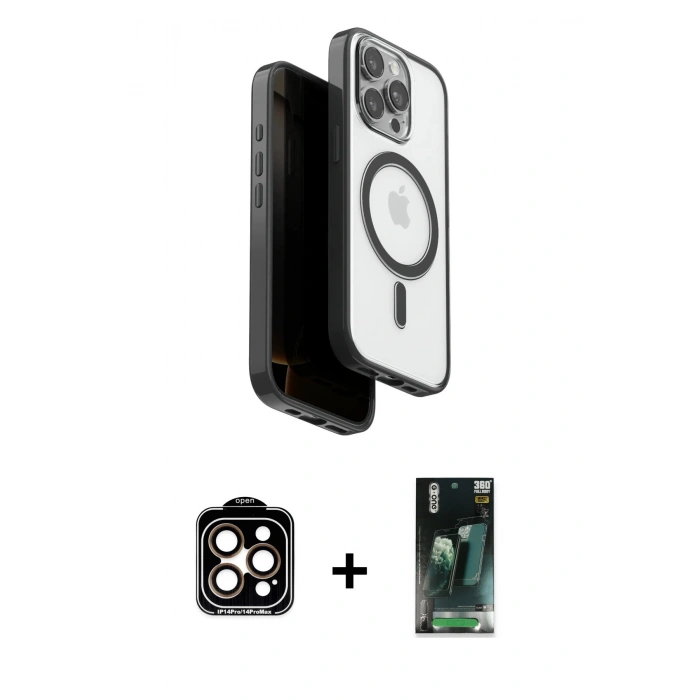 MARSİLYAN™- iPhone 15 Pro Max Kılıf Pusula Form Serisi - Şeffaf 360 Full Body Arka Koruyucu + PVD Metal Kamera Lens - TU