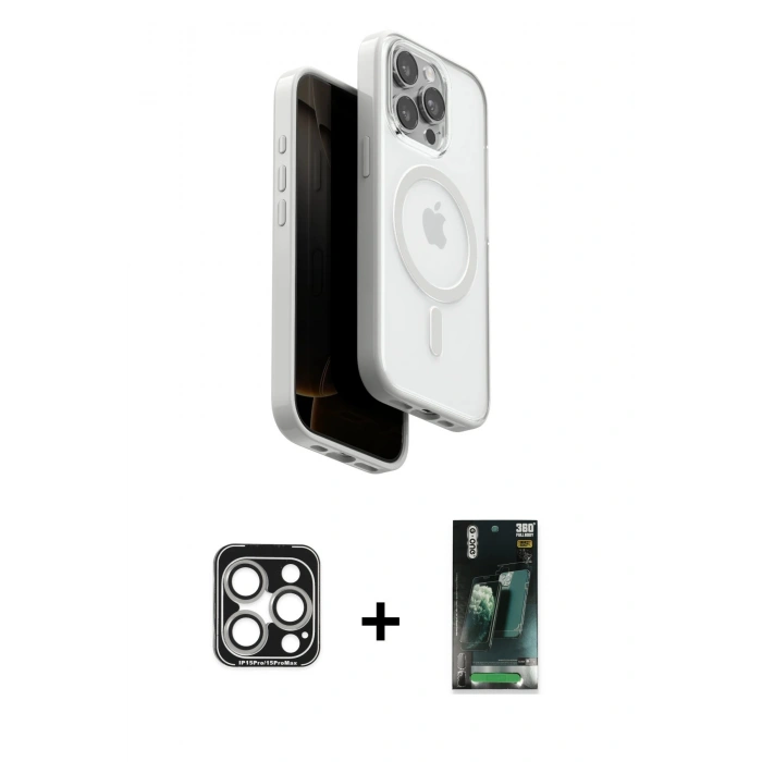 MARSİLYAN™- iPhone 15 Pro Max Kılıf Pusula Form Serisi - Şeffaf 360 Full Body Arka Koruyucu + PVD Metal Kamera Lens - GS