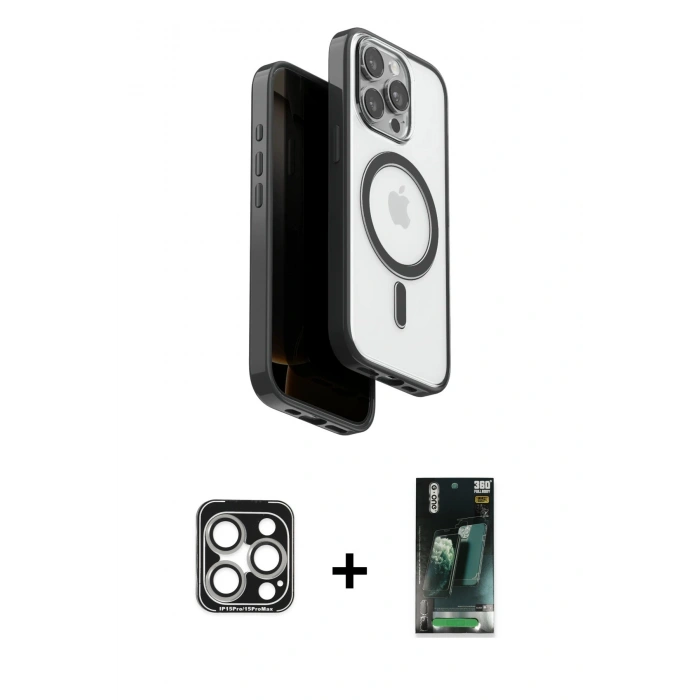 MARSİLYAN™- iPhone 15 Pro Max Kılıf Pusula Form Serisi - Şeffaf 360 Full Body Arka Koruyucu + PVD Metal Kamera Lens - GS