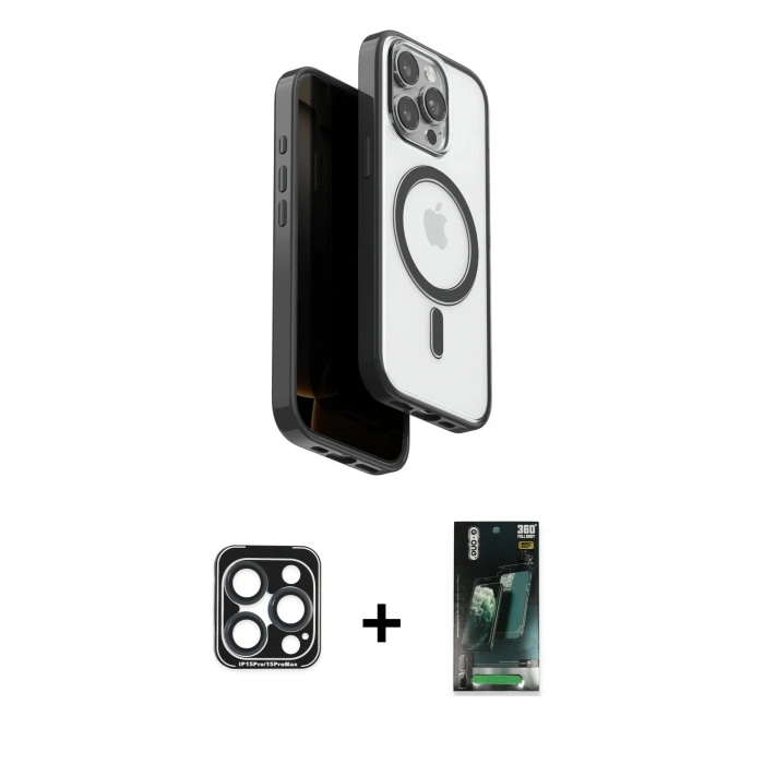 MARSİLYAN™- iPhone 15 Pro Max Kılıf Pusula Form Serisi - Şeffaf 360 Full Body Arka Koruyucu + PVD Metal Kamera Lens - LT