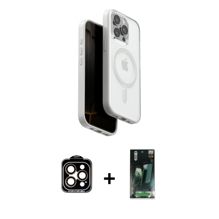 MARSİLYAN™- iPhone 15 Pro Max Kılıf Pusula Form Serisi - Şeffaf 360 Full Body Arka Koruyucu + PVD Metal Kamera Lens - TU