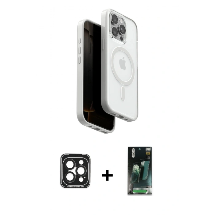 MARSİLYAN™- iPhone 15 Pro Max Kılıf Pusula Form Serisi - Şeffaf 360 Full Body Arka Koruyucu + PVD Metal Kamera Lens - SH