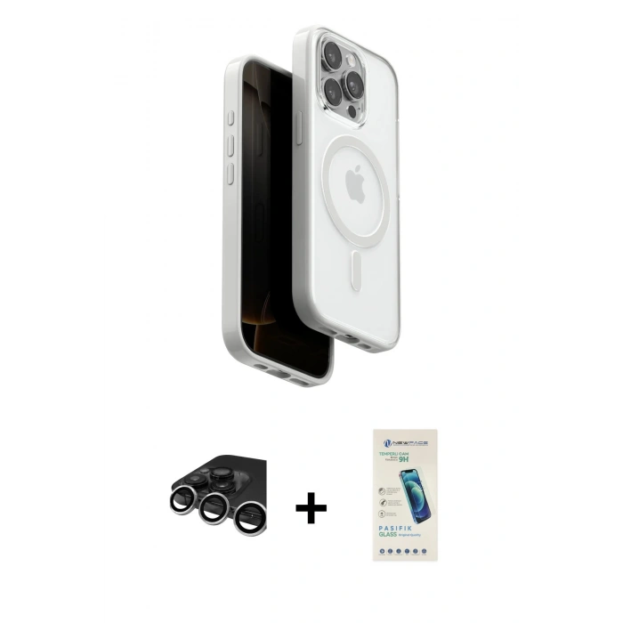 MARSİLYAN™- iPhone 15 Pro Max Kılıf Pusula Form Serisi - Şeffaf Pasifik Cam Ekran Koruyucu + Raze Metal Kamera Lens - GS
