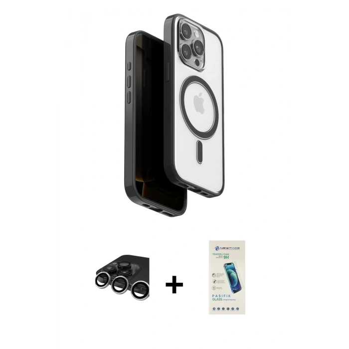 MARSİLYAN™- iPhone 15 Pro Max Kılıf Pusula Form Serisi - Şeffaf Pasifik Cam Ekran Koruyucu + Raze Metal Kamera Lens - GS