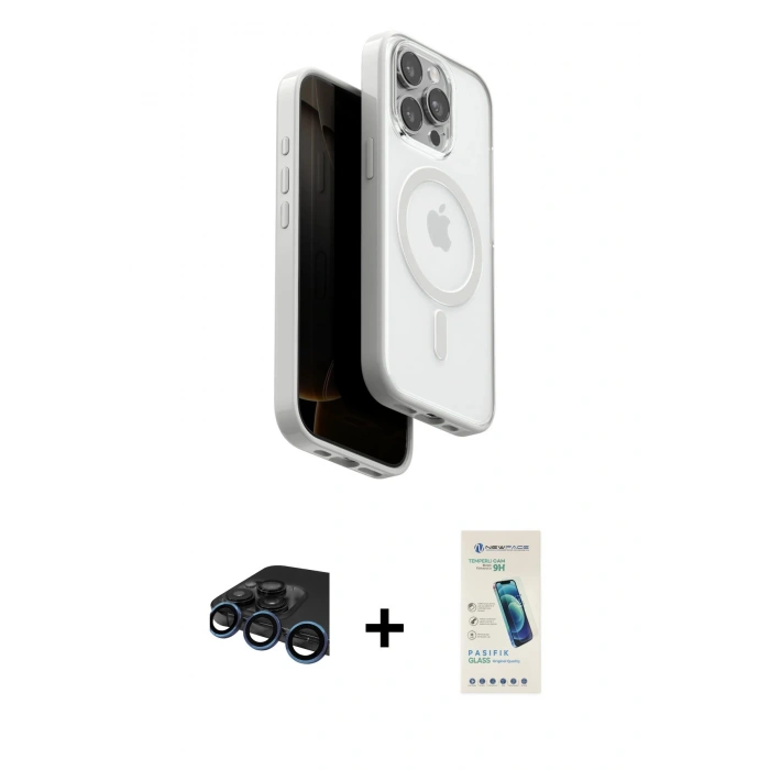 MARSİLYAN™- iPhone 15 Pro Max Kılıf Pusula Form Serisi - Şeffaf Pasifik Cam Ekran Koruyucu + Lacivert Raze Metal Kamera Lens