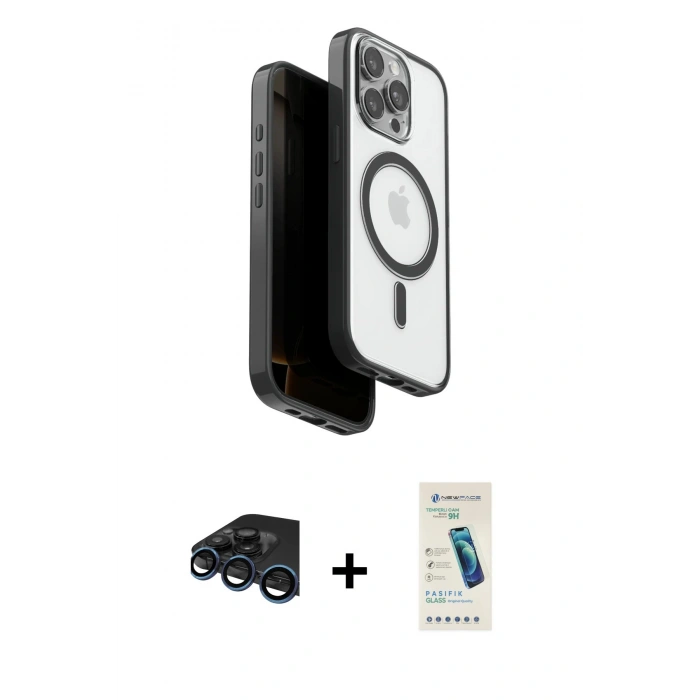 MARSİLYAN™- iPhone 15 Pro Max Kılıf Pusula Form Serisi - Şeffaf Pasifik Cam Ekran Koruyucu + Lacivert Raze Metal Kamera Lens