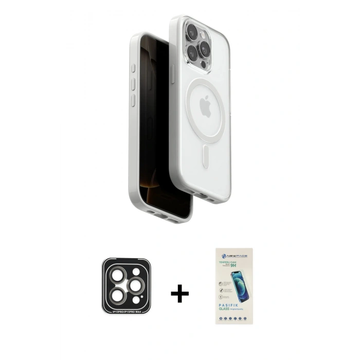 MARSİLYAN™- iPhone 15 Pro Max Kılıf Pusula Form Serisi - Şeffaf Pasifik Cam Ekran Koruyucu + PVD Metal Kamera Lens - GI