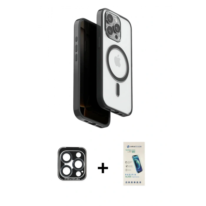 MARSİLYAN™- iPhone 15 Pro Max Kılıf Pusula Form Serisi - Şeffaf Pasifik Cam Ekran Koruyucu + PVD Metal Kamera Lens - LT