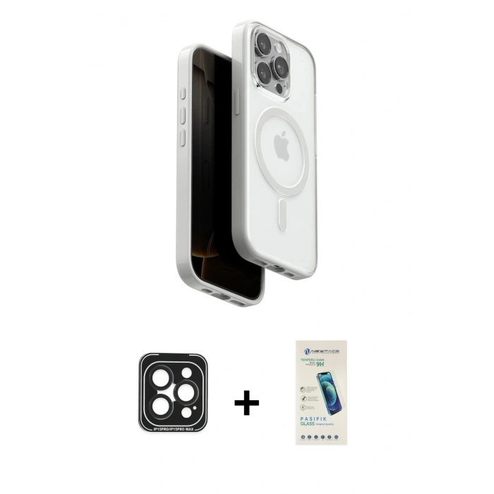 MARSİLYAN™- iPhone 15 Pro Max Kılıf Pusula Form Serisi - Şeffaf Pasifik Cam Ekran Koruyucu + PVD Metal Kamera Lens - SH