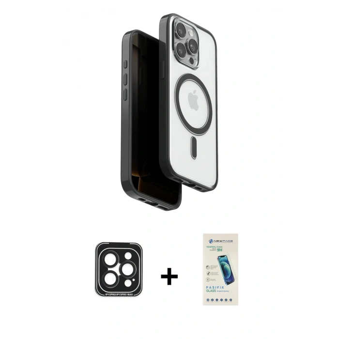 MARSİLYAN™- iPhone 15 Pro Max Kılıf Pusula Form Serisi - Şeffaf Pasifik Cam Ekran Koruyucu + PVD Metal Kamera Lens - SH