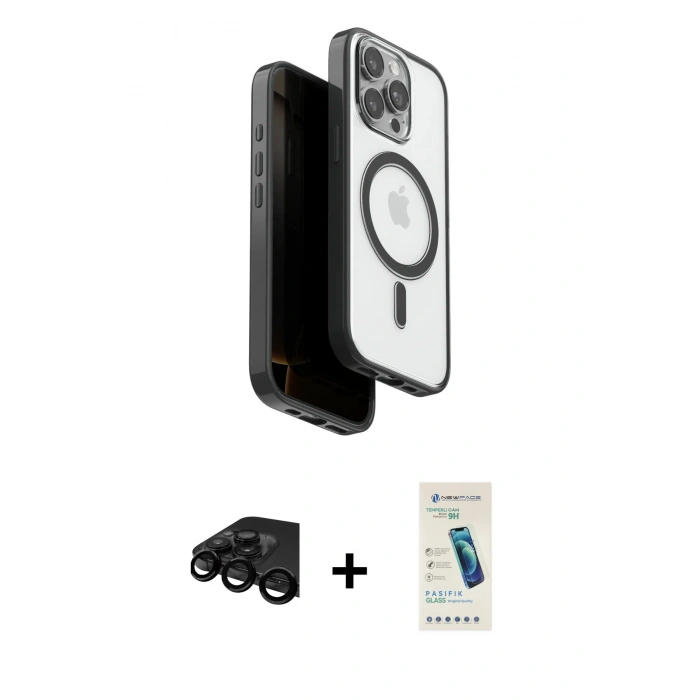 MARSİLYAN™- iPhone 15 Pro Max Kılıf Pusula Form Serisi - Şeffaf Pasifik Cam Ekran Koruyucu + Raze Metal Kamera Lens - SH