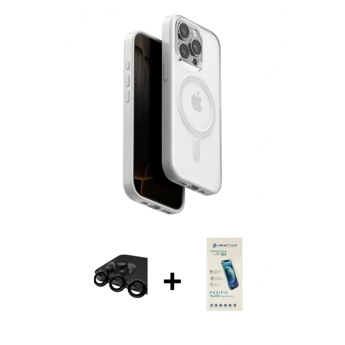 MARSİLYAN™- iPhone 15 Pro Max Kılıf Pusula Form Serisi - Şeffaf Pasifik Cam Ekran Koruyucu + Raze Metal Kamera Lens - SH