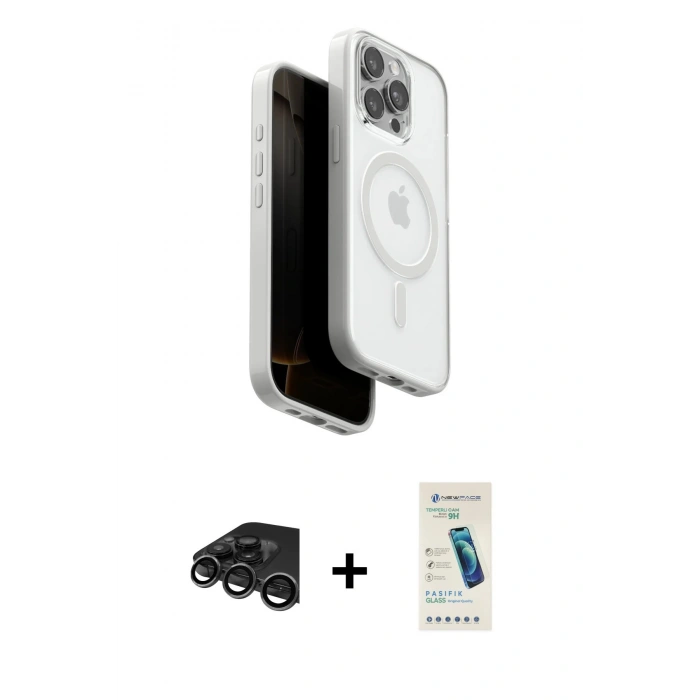 MARSİLYAN™- iPhone 15 Pro Max Kılıf Pusula Form Serisi - Şeffaf Pasifik Cam Ekran Koruyucu + Raze Metal Kamera Lens - TMGI