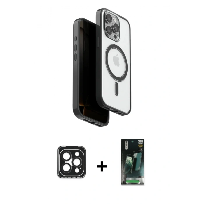 MARSİLYAN™- iPhone 15 Pro Max Kılıf Pusula Form Serisi - Siyah 360 Mat Full Body Arka Koruyucu + PVD Metal Kamera Lens - SH