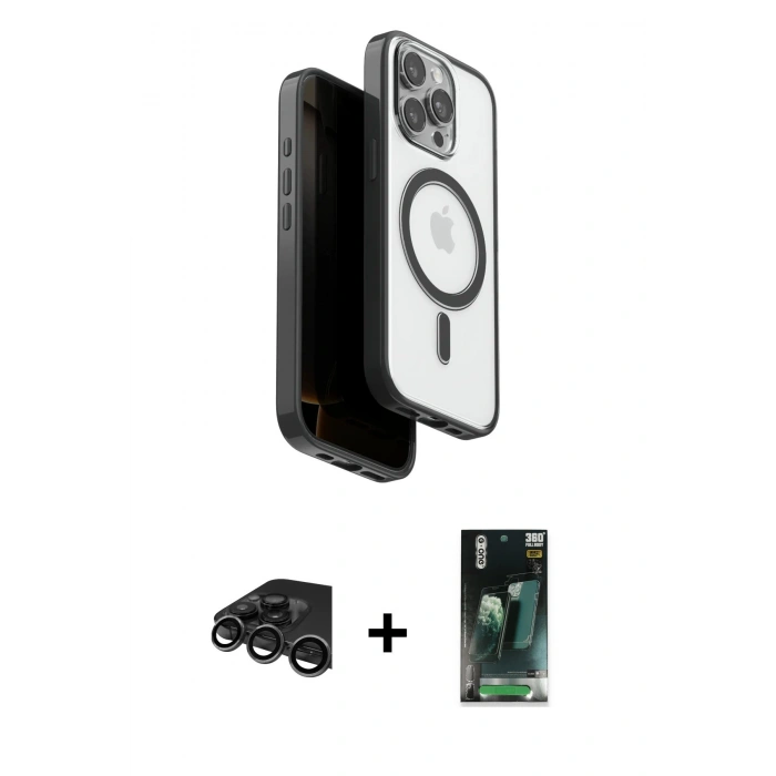 MARSİLYAN™- iPhone 15 Pro Max Kılıf Pusula Form Serisi - Siyah 360 Mat Full Body Arka Koruyucu + Raze Metal Kamera Lens - TMGI