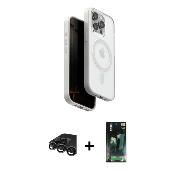 MARSİLYAN™- iPhone 15 Pro Max Kılıf Pusula Form Serisi - Siyah 360 Mat Full Body Arka Koruyucu + Raze Metal Kamera Lens - TMGI