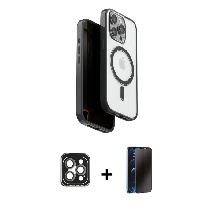 MARSİLYAN™- iPhone 15 Pro Max Kılıf Pusula Form Serisi - Siyah 3D Antistatik Hayalet Cam Ekran Koruyucu + PVD Metal Kamera Lens - GI