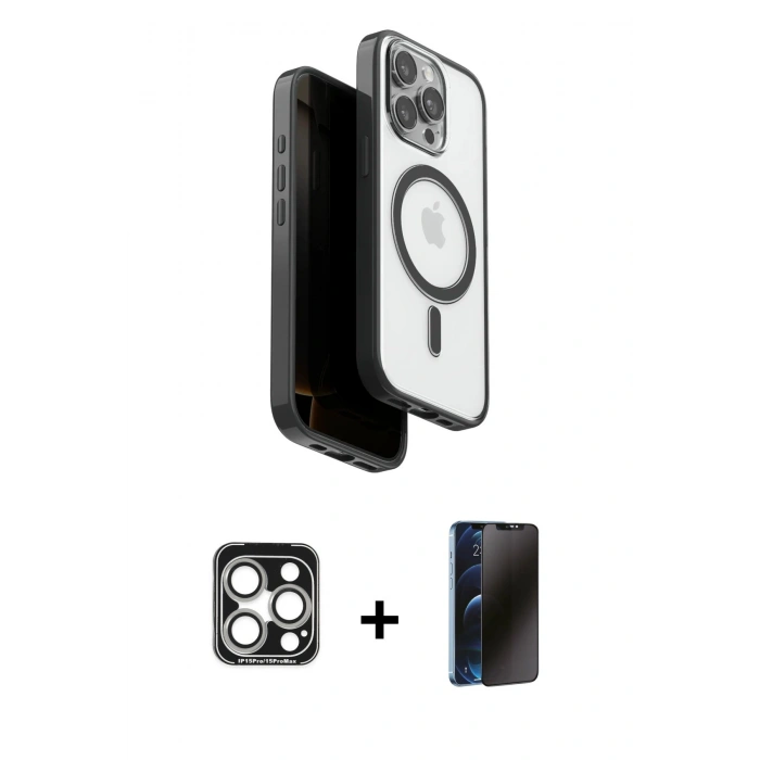 MARSİLYAN™- iPhone 15 Pro Max Kılıf Pusula Form Serisi - Siyah 3D Antistatik Hayalet Cam Ekran Koruyucu + PVD Metal Kamera Lens - GS