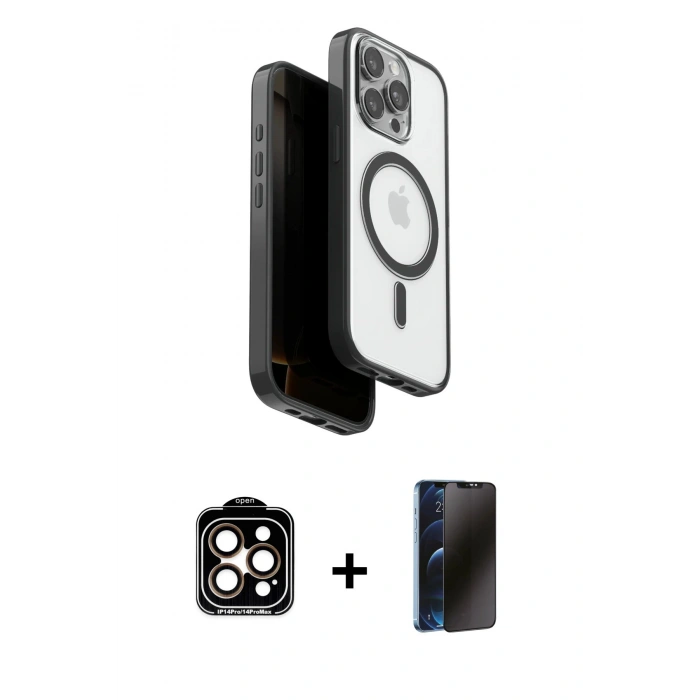 MARSİLYAN™- iPhone 15 Pro Max Kılıf Pusula Form Serisi - Siyah 3D Antistatik Hayalet Cam Ekran Koruyucu + PVD Metal Kamera Lens - TU
