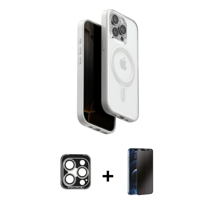 MARSİLYAN™- iPhone 15 Pro Max Kılıf Pusula Form Serisi - Siyah 3D Antistatik Hayalet Cam Ekran Koruyucu + PVD Metal Kamera Lens - GS