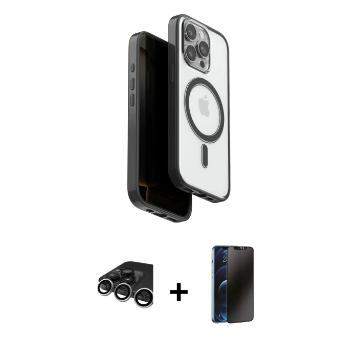 MARSİLYAN™- iPhone 15 Pro Max Kılıf Pusula Form Serisi - Siyah 3D Antistatik Hayalet Cam Ekran Koruyucu + Gümüş Raze Metal Kamera Lens