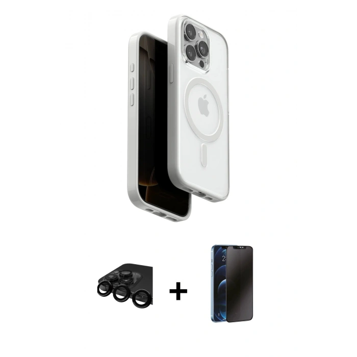 MARSİLYAN™- iPhone 15 Pro Max Kılıf Pusula Form Serisi - Siyah 3D Antistatik Hayalet Cam Ekran Koruyucu + Raze Metal Kamera Lens - SH