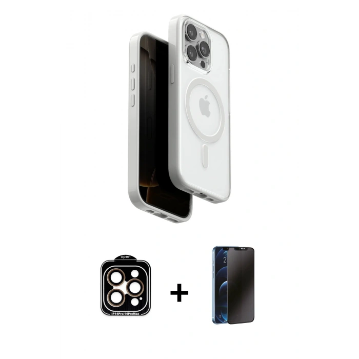 MARSİLYAN™- iPhone 15 Pro Max Kılıf Pusula Form Serisi - Siyah 3D Antistatik Hayalet Cam Ekran Koruyucu + PVD Metal Kamera Lens - TU