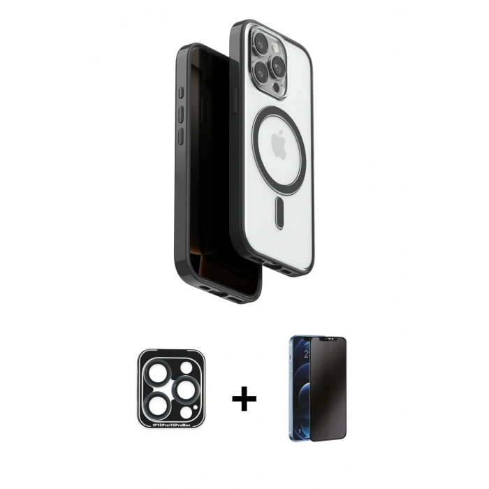 MARSİLYAN™- iPhone 15 Pro Max Kılıf Pusula Form Serisi - Siyah 3D Antistatik Hayalet Cam Ekran Koruyucu + PVD Metal Kamera Lens - LT