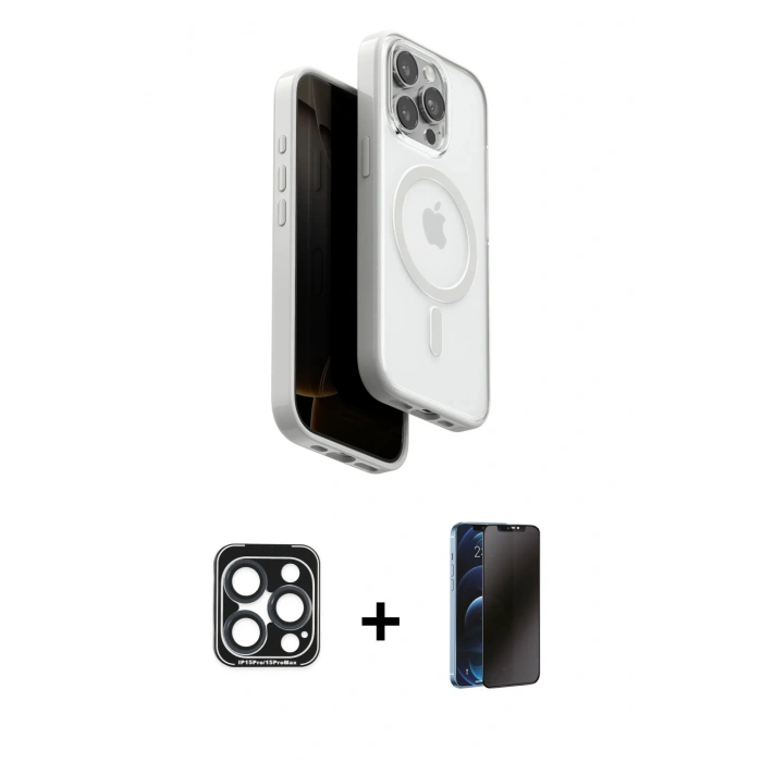 MARSİLYAN™- iPhone 15 Pro Max Kılıf Pusula Form Serisi - Siyah 3D Antistatik Hayalet Cam Ekran Koruyucu + PVD Metal Kamera Lens - LT