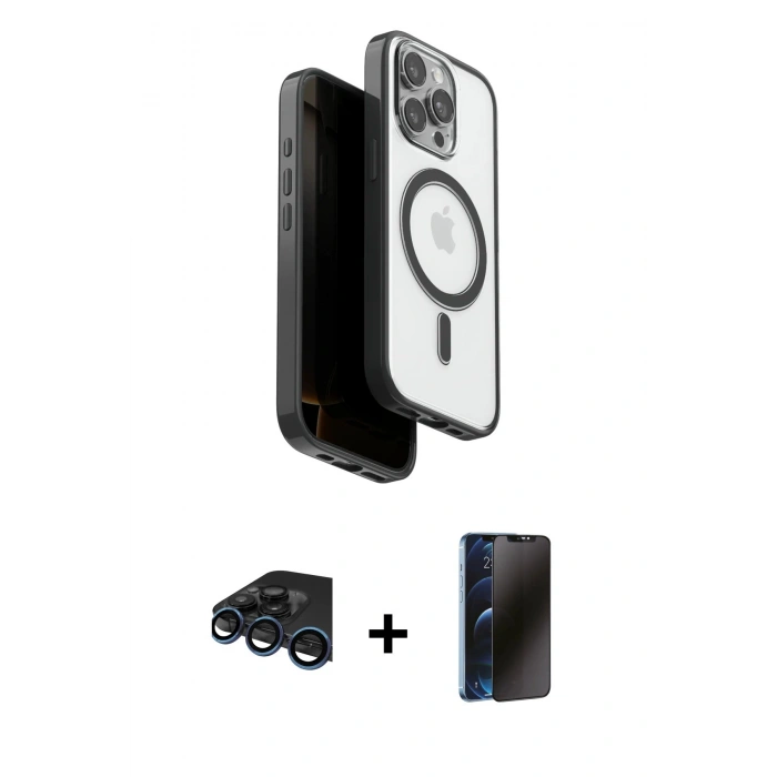 MARSİLYAN™- iPhone 15 Pro Max Kılıf Pusula Form Serisi - Siyah 3D Antistatik Hayalet Cam Ekran Koruyucu + Raze Metal Kamera Lens - LT