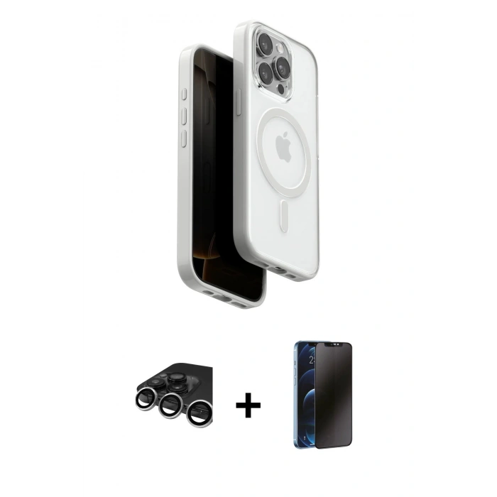 MARSİLYAN™- iPhone 15 Pro Max Kılıf Pusula Form Serisi - Siyah 3D Antistatik Hayalet Cam Ekran Koruyucu + Gümüş Raze Metal Kamera Lens