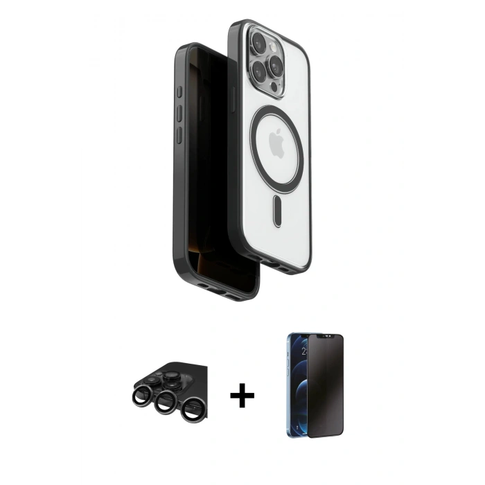 MARSİLYAN™- iPhone 15 Pro Max Kılıf Pusula Form Serisi - Siyah 3D Antistatik Hayalet Cam Ekran Koruyucu + Raze Metal Kamera Lens - TMGI