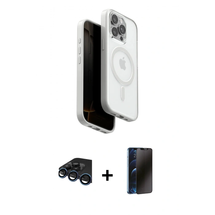 MARSİLYAN™- iPhone 15 Pro Max Kılıf Pusula Form Serisi - Siyah 3D Antistatik Hayalet Cam Ekran Koruyucu + Raze Metal Kamera Lens - LT