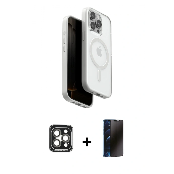 MARSİLYAN™- iPhone 15 Pro Max Kılıf Pusula Form Serisi - Siyah 3D Antistatik Hayalet Cam Ekran Koruyucu + PVD Metal Kamera Lens - GI