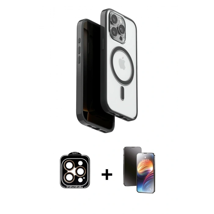 MARSİLYAN™- iPhone 15 Pro Max Kılıf Pusula Form Serisi - Siyah 3D Antistatik Mat Seramik Nano Ekran Koruyucu + Turuncu PVD Metal Kamera Lens